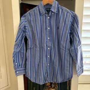 Ralph Lauren Boy's Button Down Plaid Long Sleeve Shirt Size M 10-12 Blue Cotton